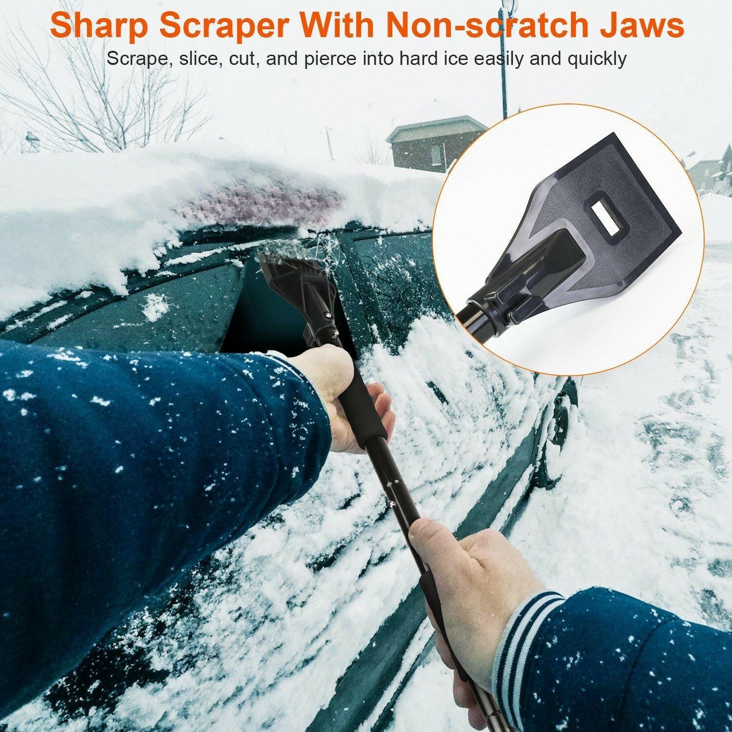 45.7 in. Metal Handle Steel 3-In-1 Snow Shovel Kit Brush Ice Scraper Collapsible Design Snow Removal.