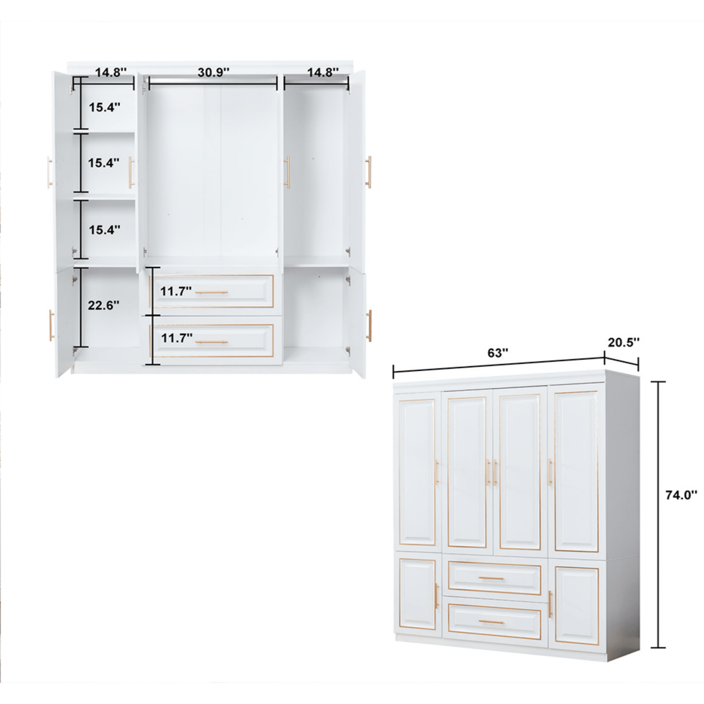 Armoire Wardrobe Closet, 4-Door 2 Wooden Drawers Tall Cabinet Luxury Style Closet Wardrobe, White Closet Cabinet with 2 Shelves Hanging Rod