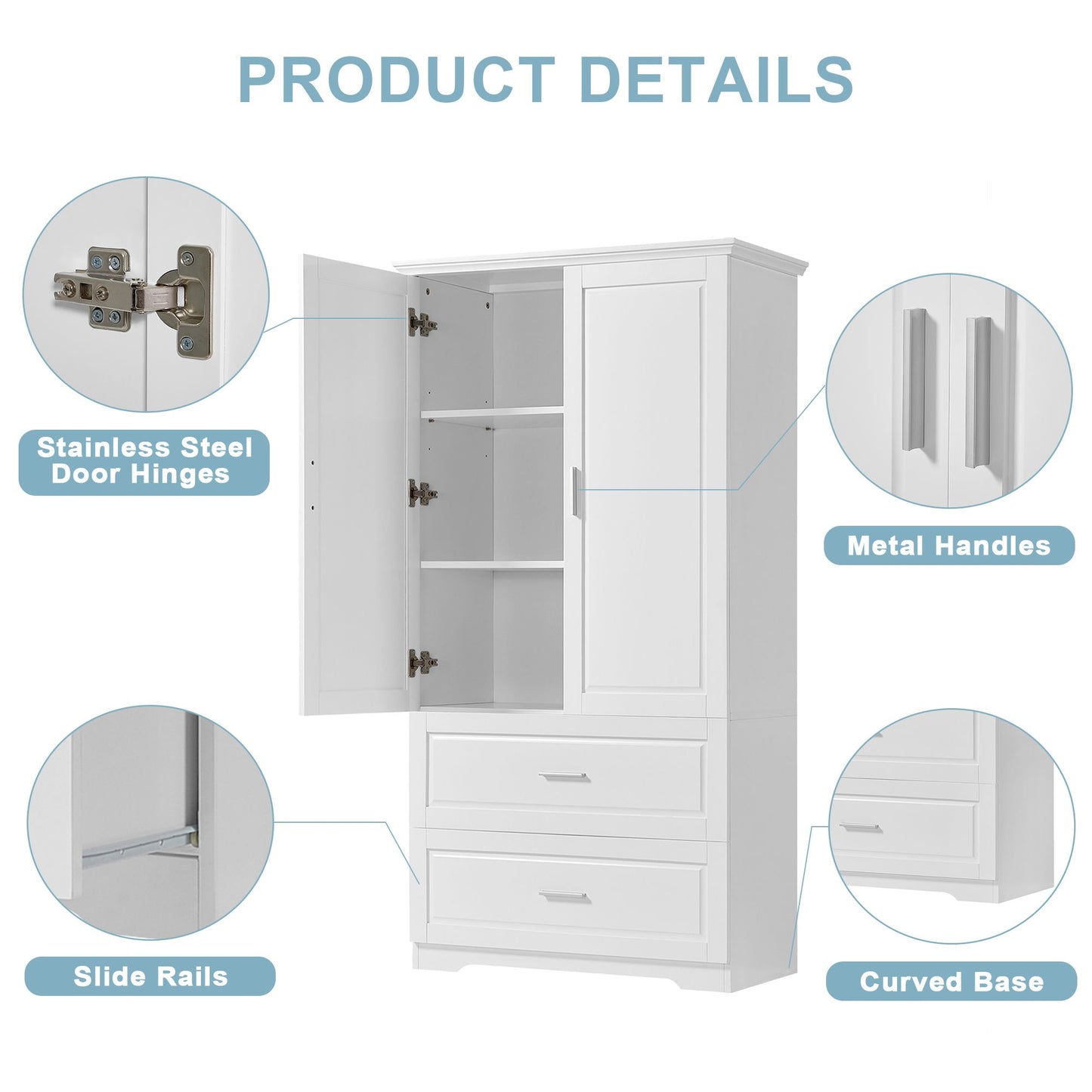 Tall Bathroom Storage Cabinet, Cabinet with Two Doors and Drawers, Adjustable Shelf, MDF Board, White