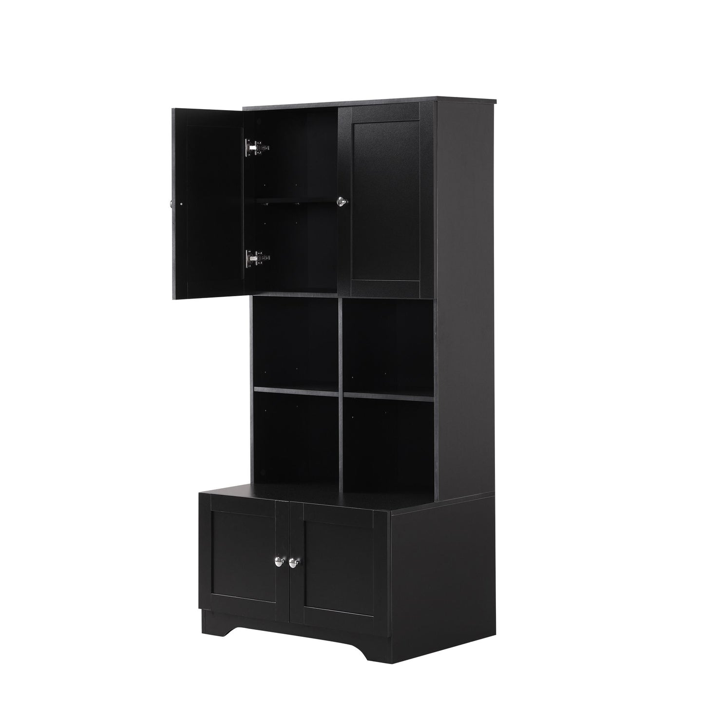 Bathroom Freestanding Cabinet with 4 Doors, Open multi-layer Shelves, Black