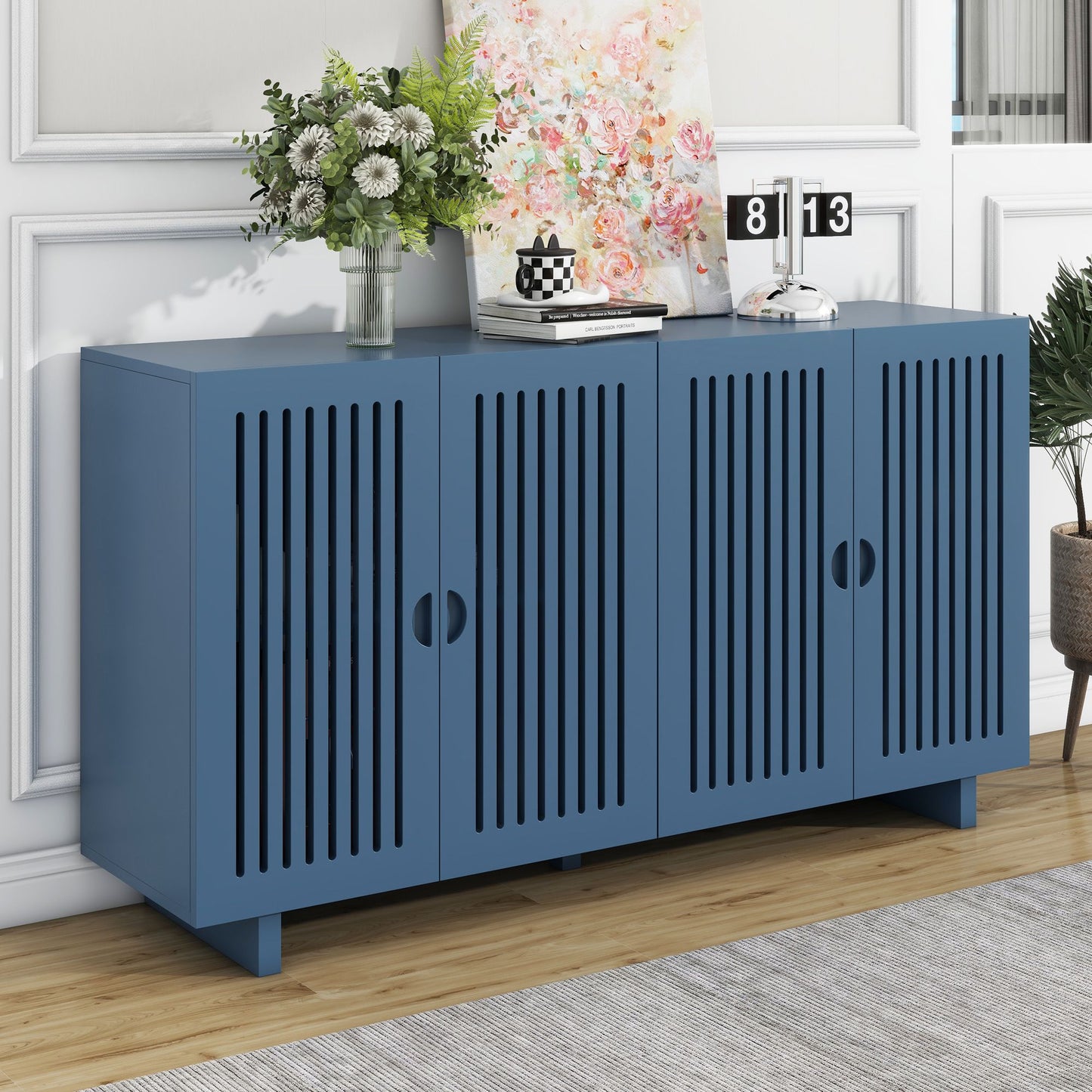 TREXM Modern Style Sideboard with Superior Storage Space, Hollow Door Design and 2 Adjustable Shelves for Living Room and Dining Room (Navy Blue)