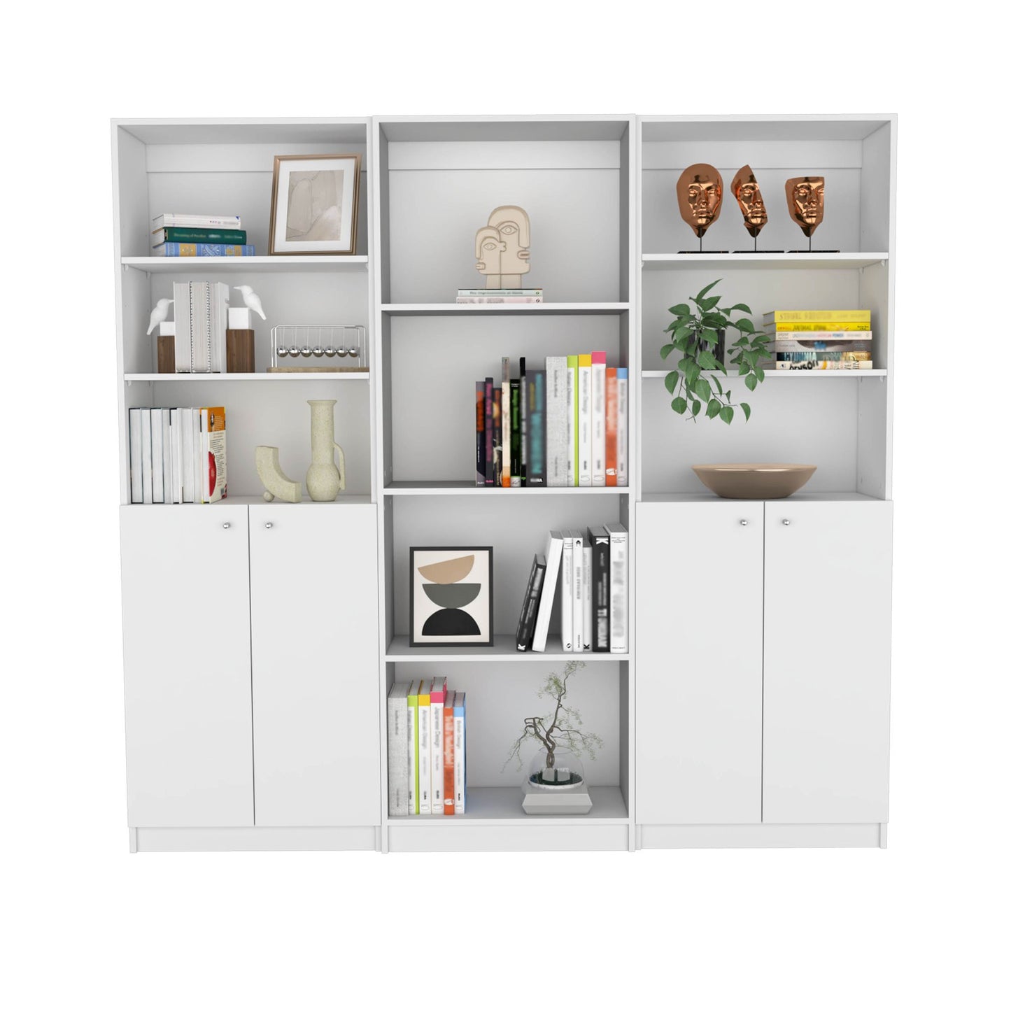 3 Piece Home Bookcase set, 74" Wide with 10 Shelves and Two Double-Door Cabinet , Living Room Set White