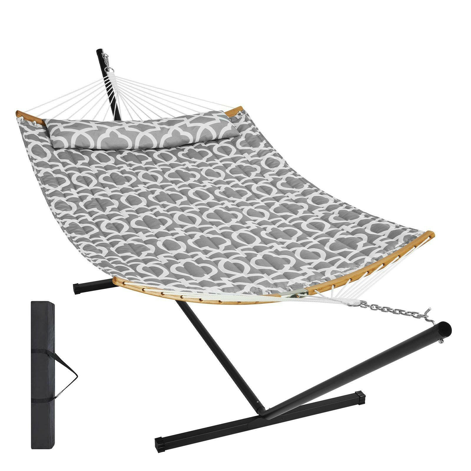 VEVOR Two Person Hammock with Stand Included, Double Hammock with Curved Spreader Bar and Detachable Pillow and Portable Carrying Bag, Perfect for Outdoor Freestanding Hammock, 480lb Capacity.