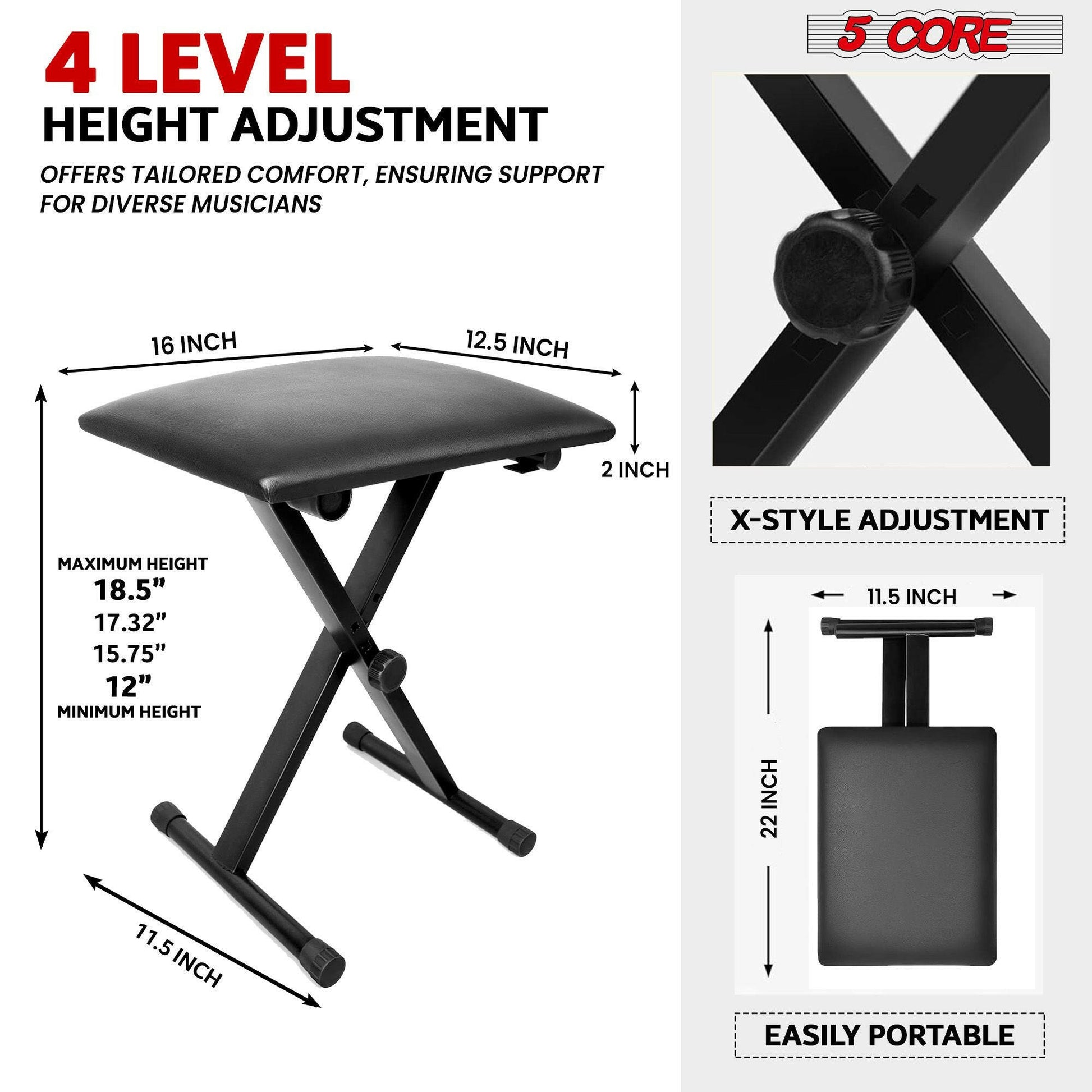 5 CORE Keyboard Bench Pair X Style Piano Stool Thick Padded 12 to 18.5 inch Adjustable Keyboards Chair Black KBB02BLK.