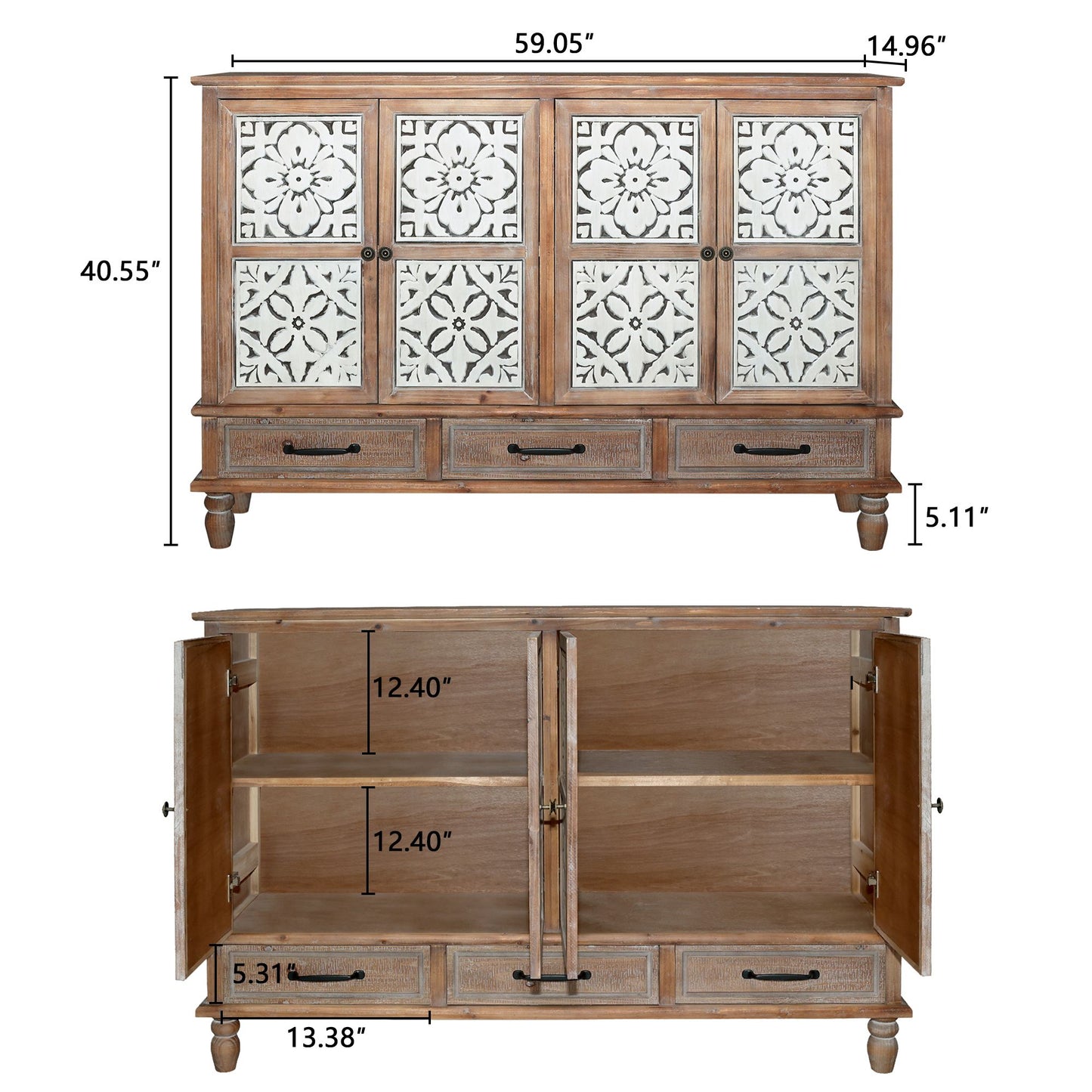 59.06" Chic Natural Wood Accent Cabinet, 4 Door & 3 Drawers Sideboard Buffet with Adjustable Shelves, Stylish Storage, Durable MDF, Natural Wood