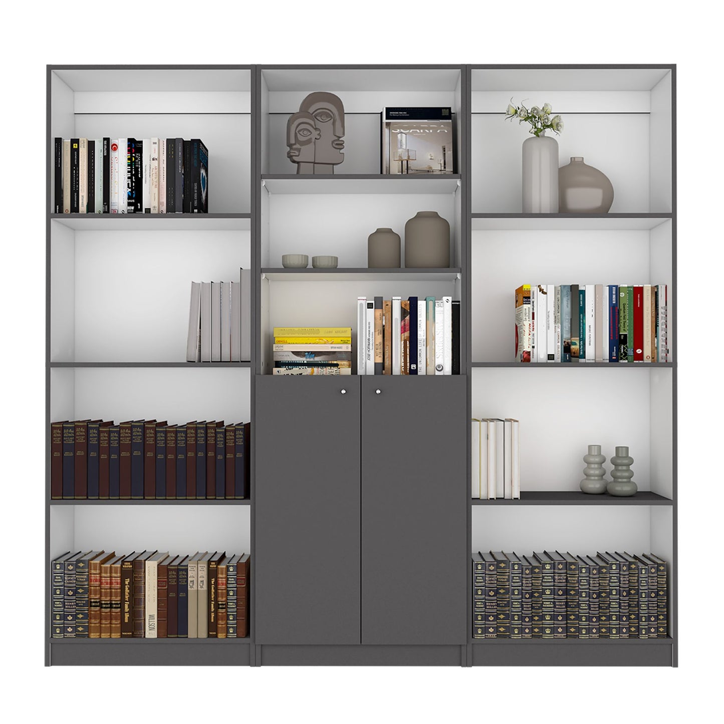 Duette 3 Piece Home Bookcase set, 74" Wide with 11 Shelves and 2-door Cabinet , Living Room Set Matt Gray / White