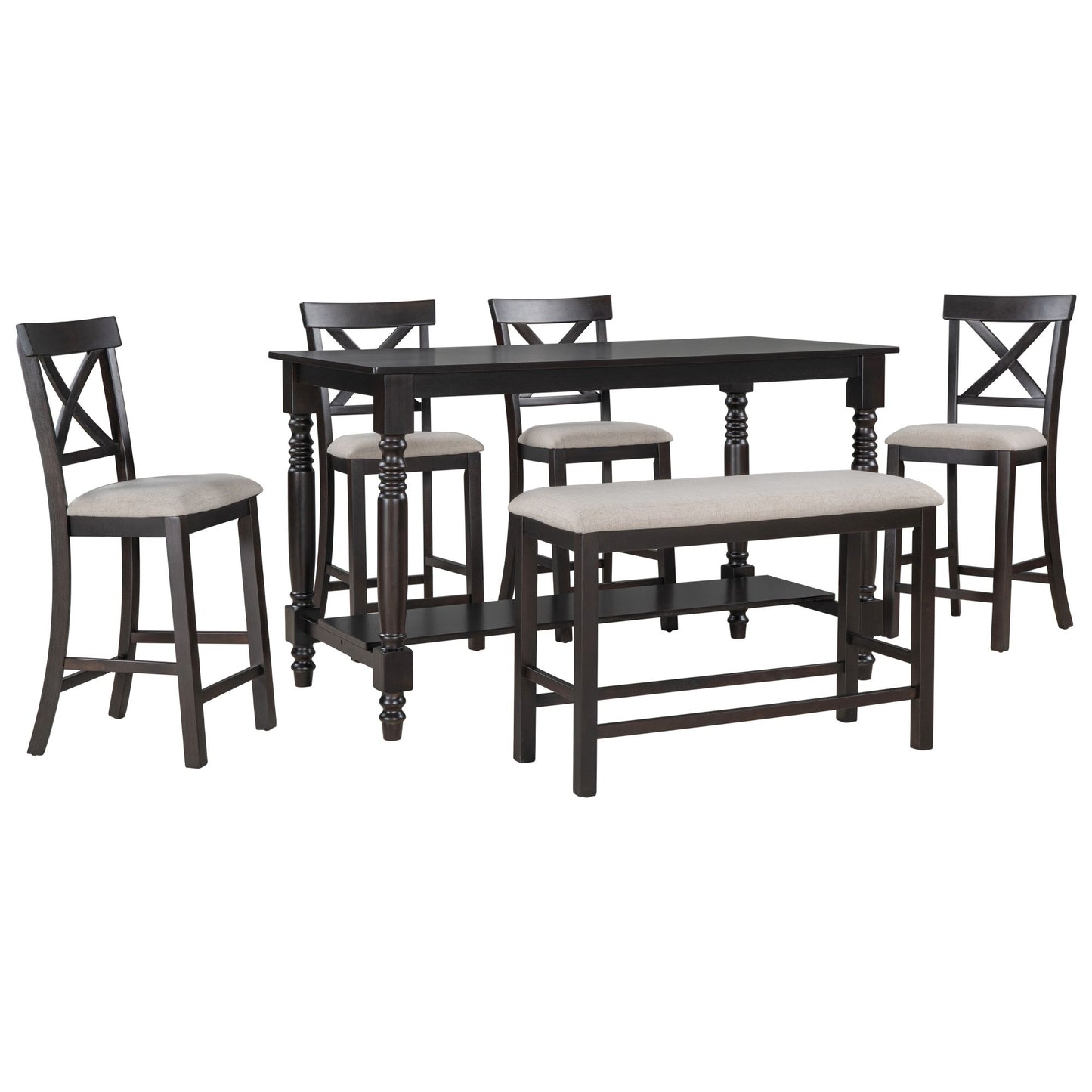 6-Piece Counter Height Dining Table Set Table with Shelf 4 Chairs and Bench for Dining Room