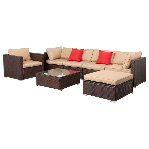 7 Pieces Wood Grain Patio PE Wicker Rattan Corner Sofa Set.