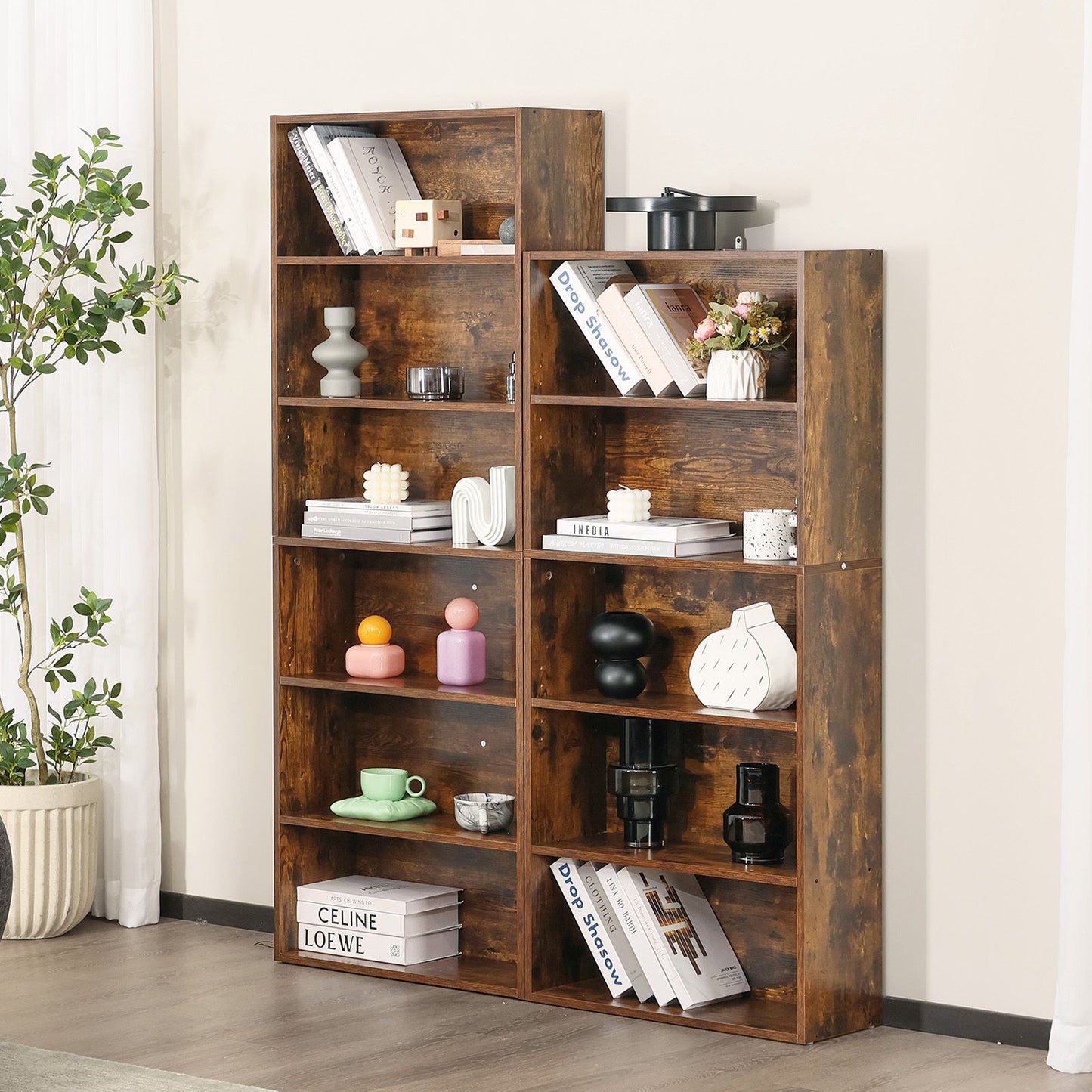 Industrial 6 Shelf Bookcase - Large 53 Inch Tall Floor Standing Open Bookshelf for Home Office, Living Room, and Bedroom Storage, brown