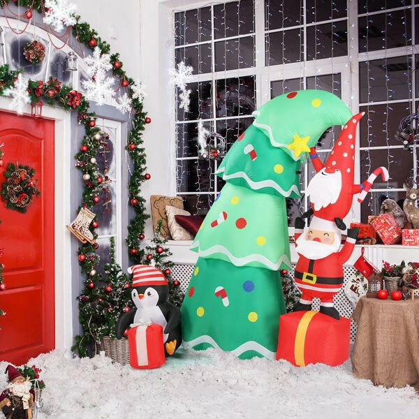 6 FT Lighted Christmas Inflatable Decoration, Inflatable Christmas Tree with Elf and Santa Claus, Funny Blow Up Yard Decorations with Built-in LED Lights for Holiday Party Front Yard Lawn Garden Decor.