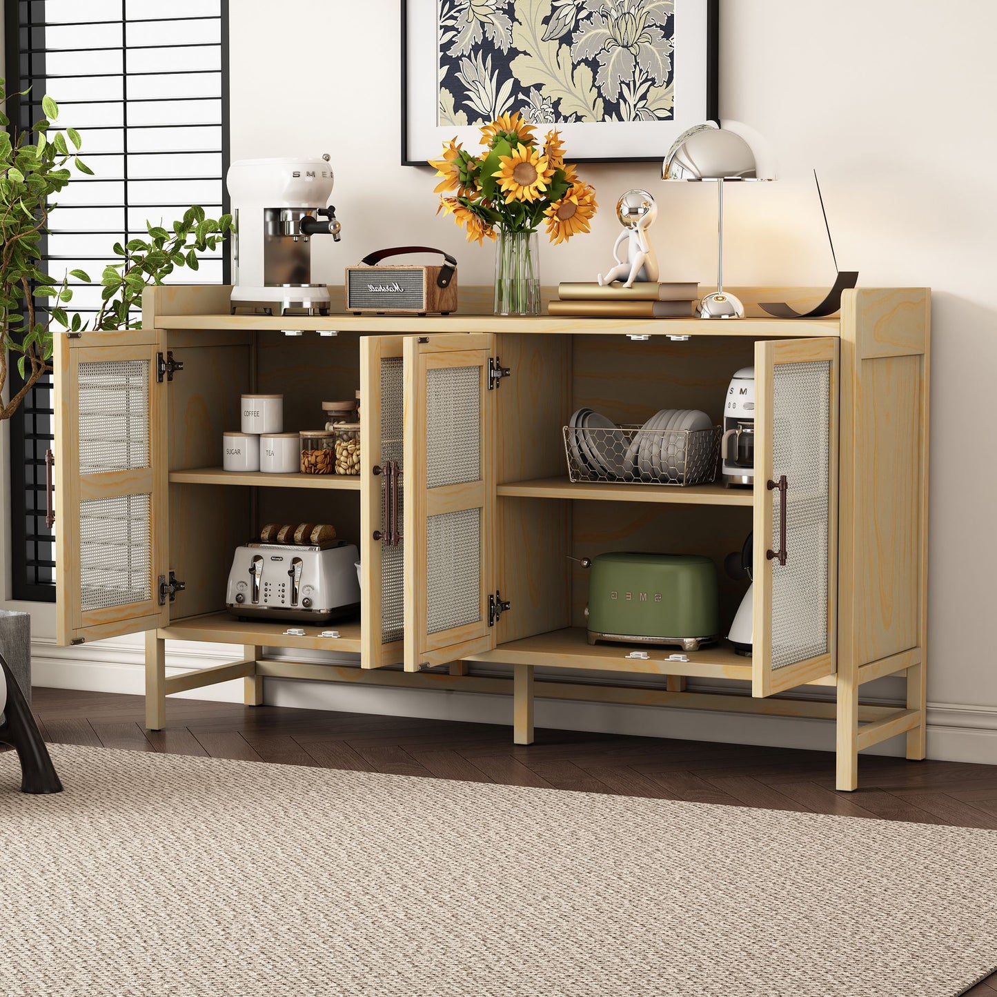 Rustic Sideboard with Decorative Rattan Doors and Adjustable Shelves for Entryway,Dining Room,or Living Room