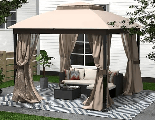 10X10FT Softtop Metal Gazebo with Mosquito Net&Sunshade Curtains,Sturdy Heavy Duty Double Roof Canopy,Galvanized Steel Design Outdoor Tent,Suitable for Gardens,Patio,Backyard.