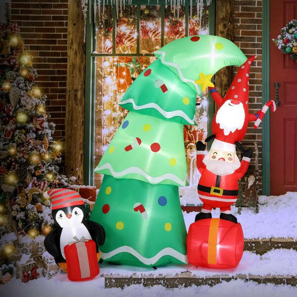 6 FT Lighted Christmas Inflatable Decoration, Inflatable Christmas Tree with Elf and Santa Claus, Funny Blow Up Yard Decorations with Built-in LED Lights for Holiday Party Front Yard Lawn Garden Decor.