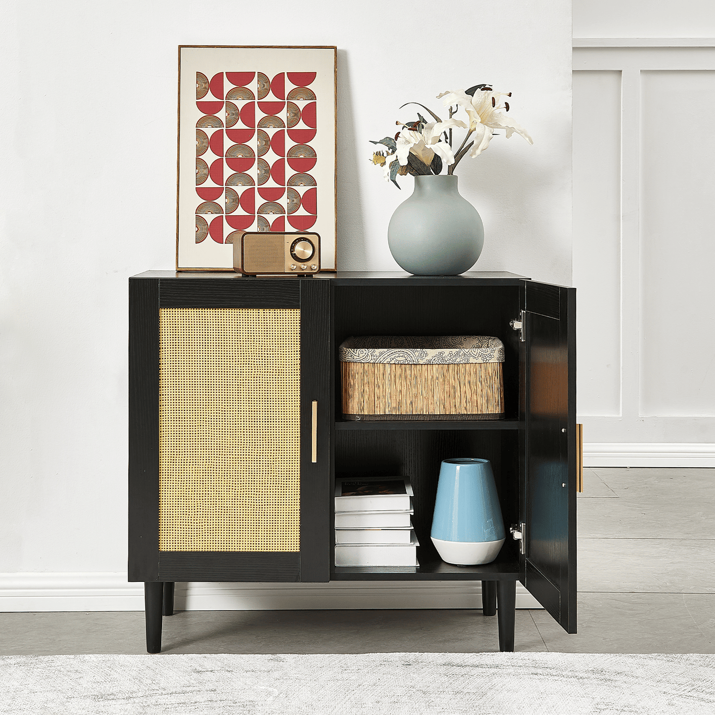 Rattan Side panel buffet cabinet with adjustable shelves, modern console for home