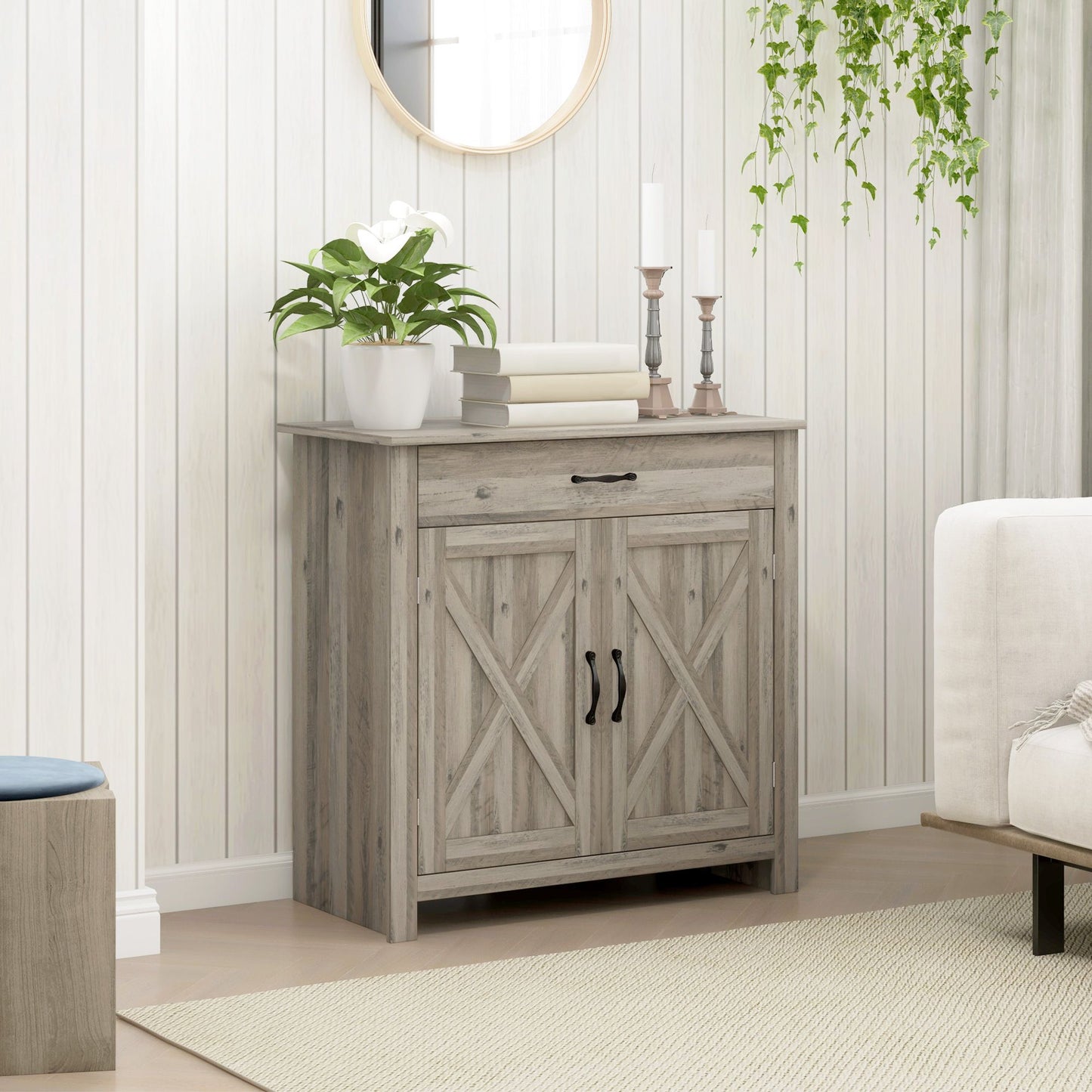 Farmhouse Sideboard Buffet Cabinet, with Drawer and Adjustable Shelf,  Gray Wash