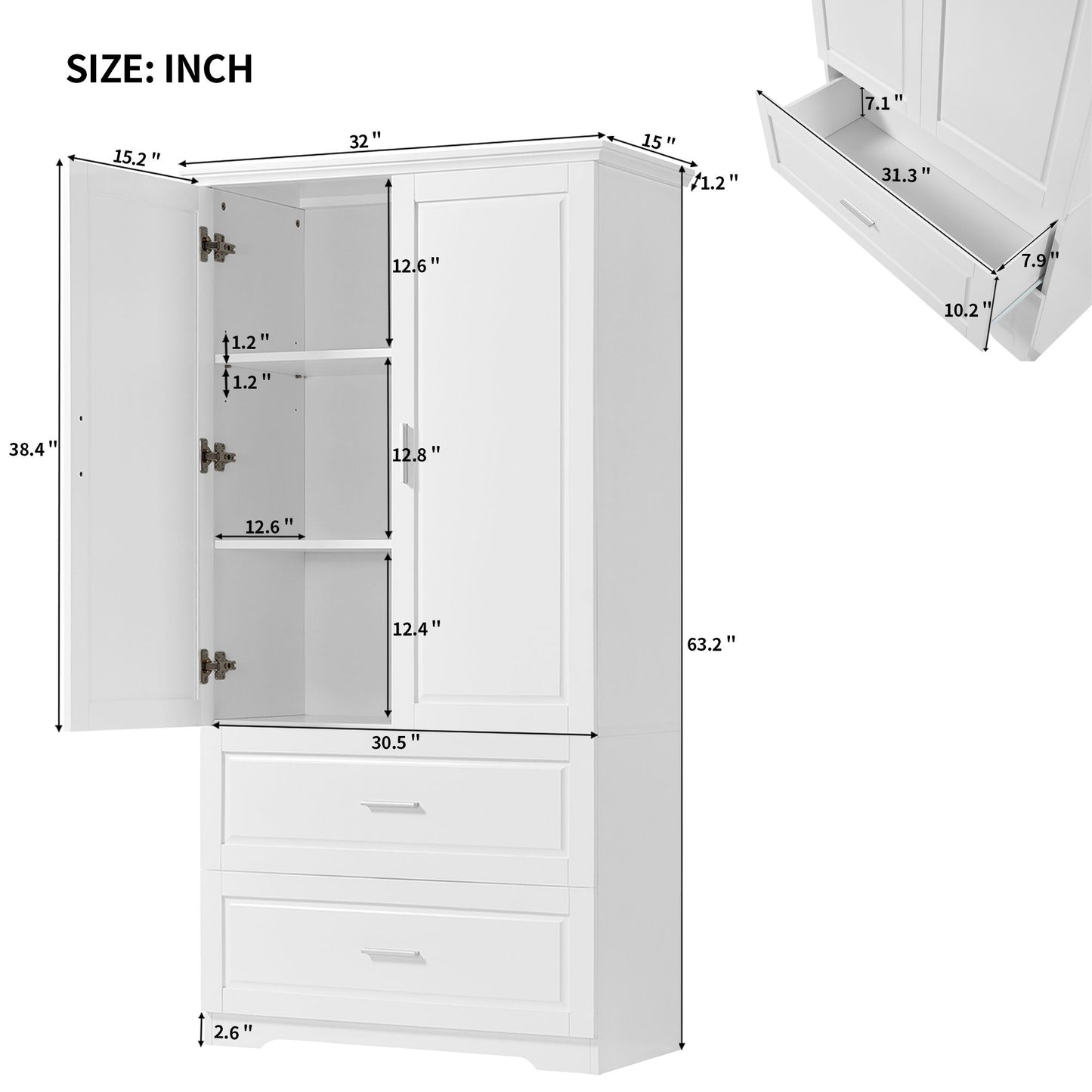 Tall Bathroom Storage Cabinet, Cabinet with Two Doors and Drawers, Adjustable Shelf, MDF Board, White