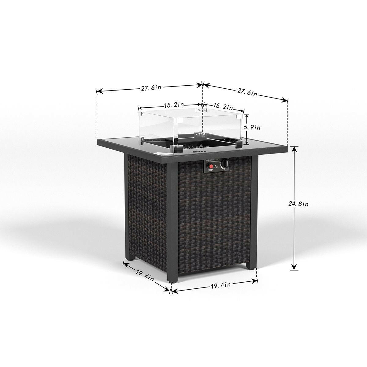 28 Inch Propane Fire Pit Table, Rattan & Wicker-Look, 50000 BTU Gas Firepits Tempered Glass Tabletop with Glass Windscreen Protector for Outside Patio and Garden(Brown).