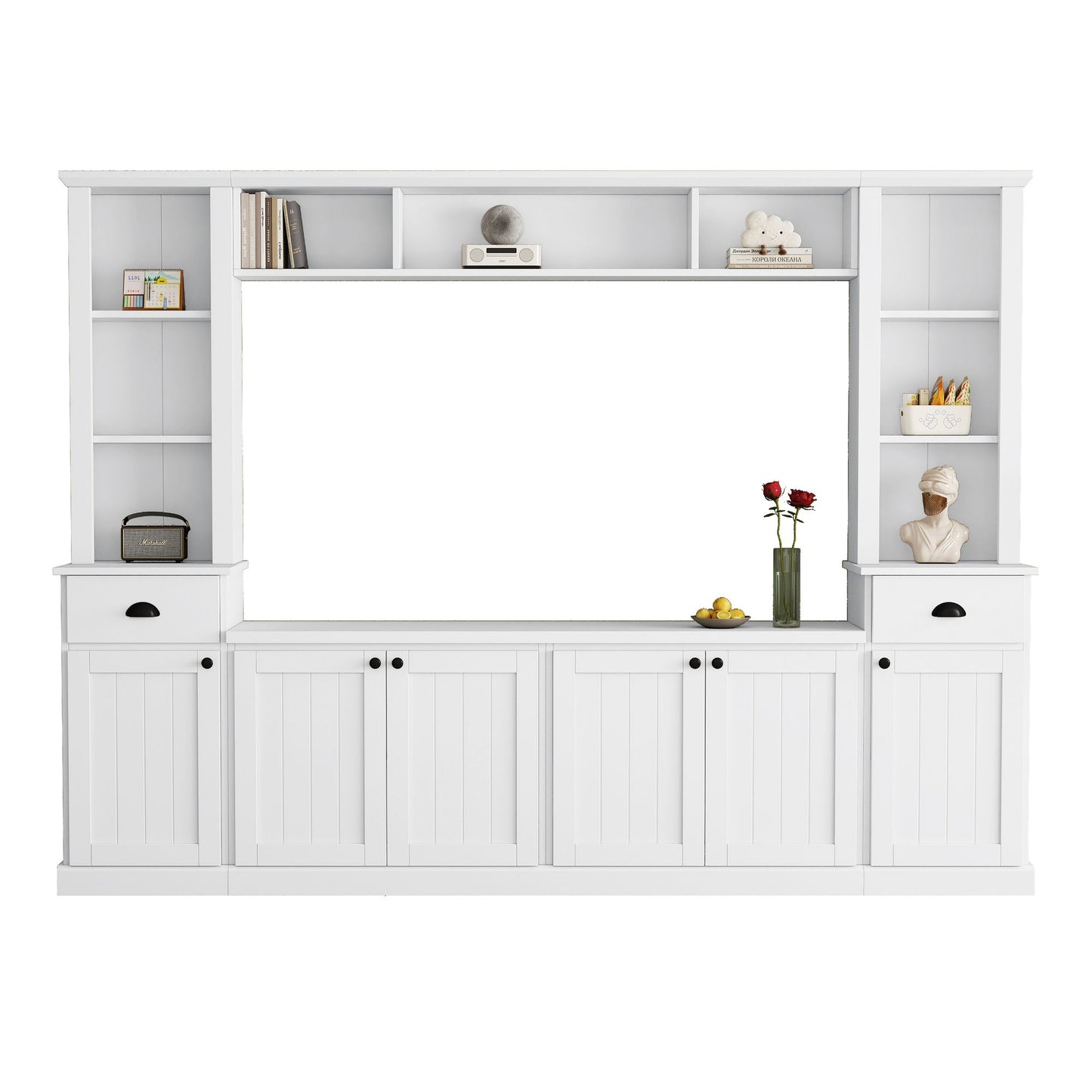 ON-TREND Minimalist Entertainment Wall Unit Set with Bridge for TVs Up to 75'', Modernist Large Media Console for Living Room, White