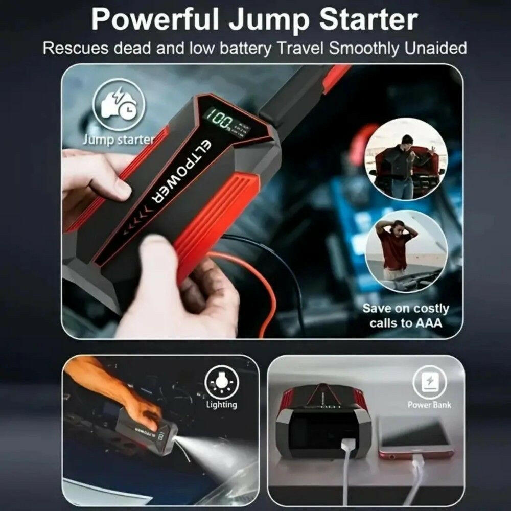 20000mAh Car Battery Jump Starter with Dual USB Quick Charge and LED Light Red.