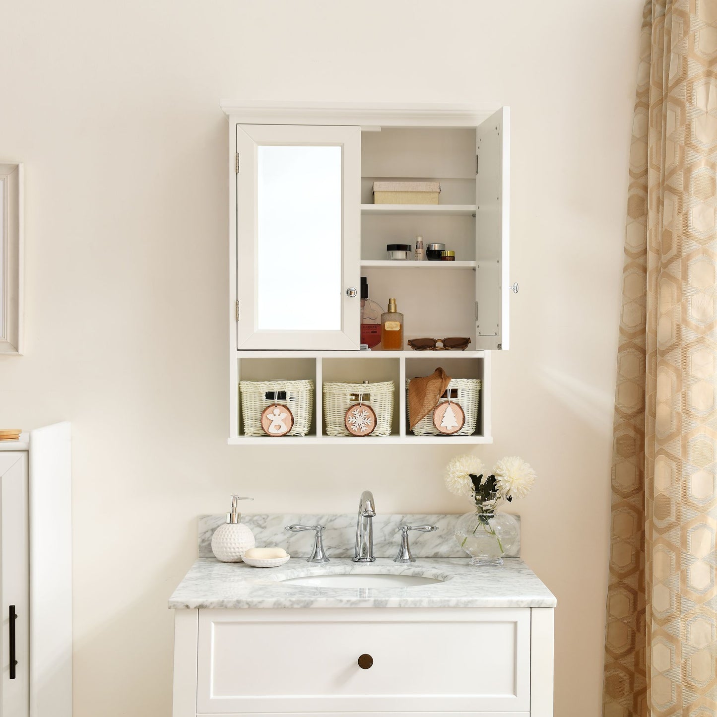 Bathroom Storage Cabinet with Mirror, 2 Doors 2 Adjustable Shelf + 3 Christmas Style Storage Basket, White Wood