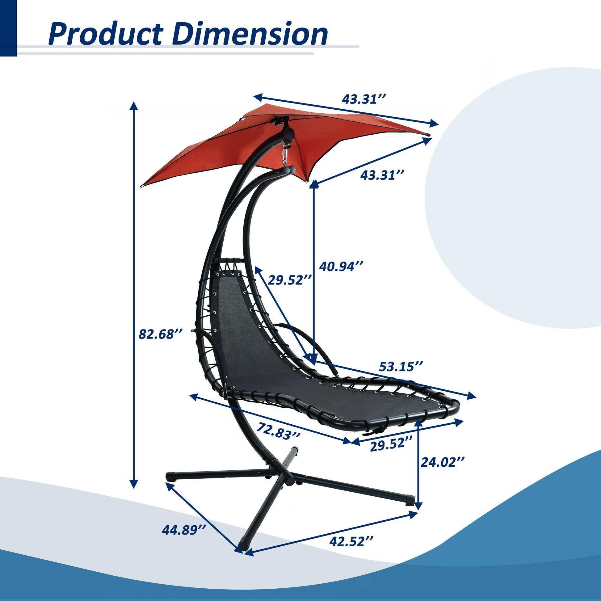 Hanging Chaise Lounger with Removable Canopy, Outdoor Swing Chair with Built-in Pillow, Hanging Curved Chaise Lounge Chair Swing for Patio Porch Poolside, Hammock Chair with Stand (Orange).