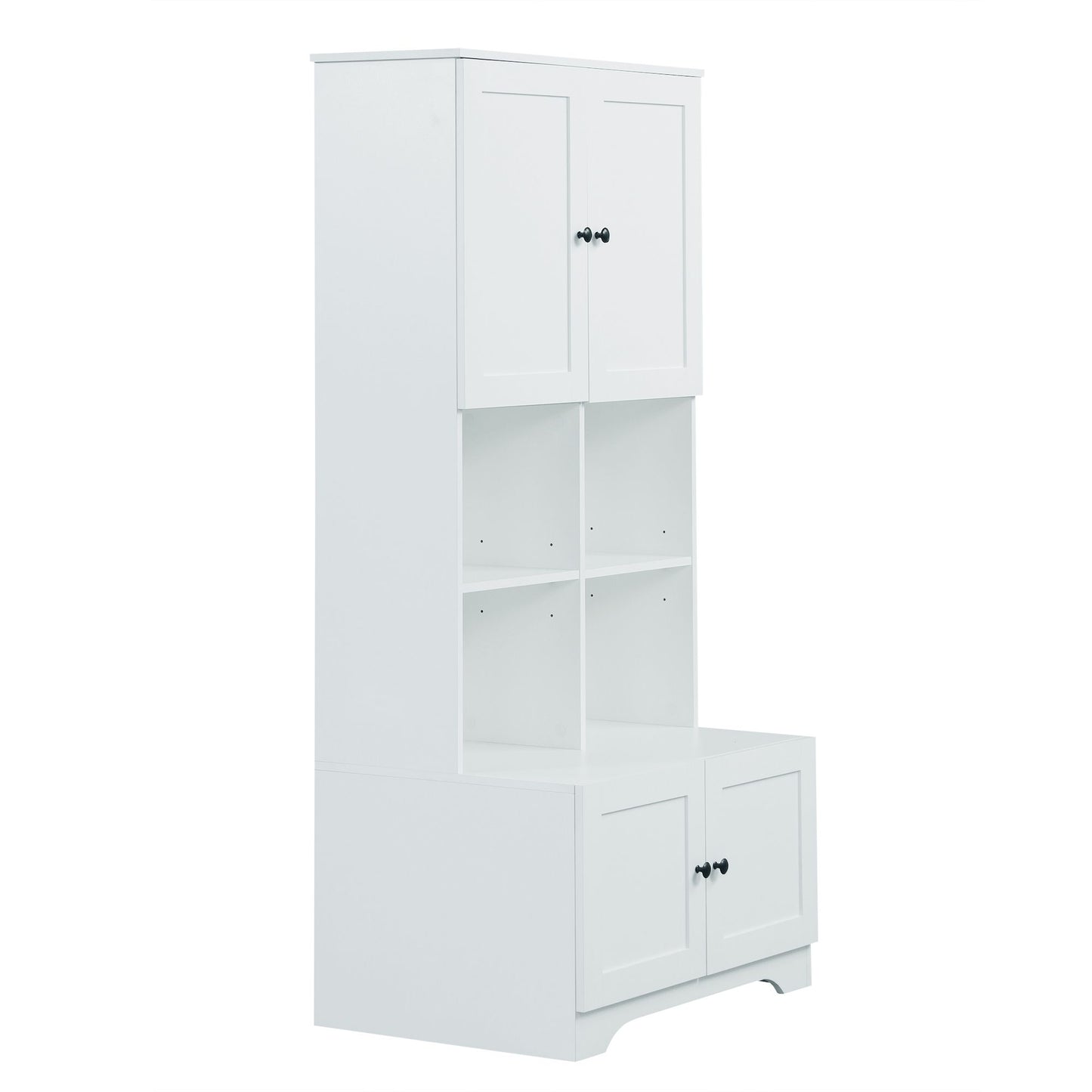 Bathroom Floor Storage Cabinet, Bathroom Storage Unit, Freestanding Cabinet with 4 Doors, Adjustable Shelves, Open multi-layer Shelves, White