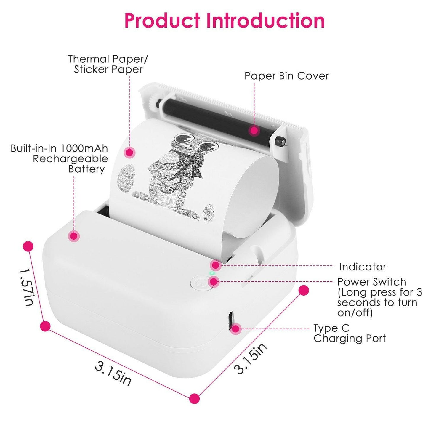 Pocket Wireless Thermal Printer Portable Mini Sticker Maker Machine Rechargeable Inkless Photo Printer for Printing Label Journal Study Notes Memo Photos.