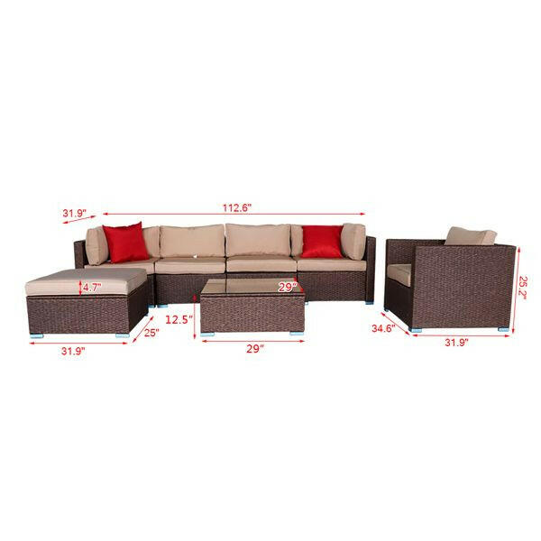 7 Pieces Wood Grain Patio PE Wicker Rattan Corner Sofa Set.