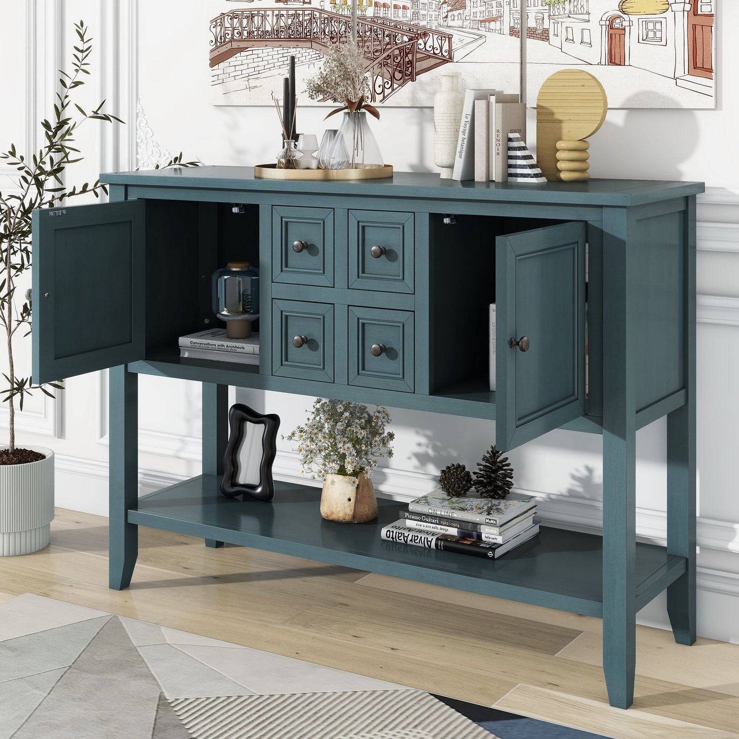 TREXM Cambridge Series Ample Storage Vintage Console Table with Four Small Drawers and Bottom Shelf for Living Spaces (Dark Blue)