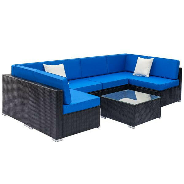 Fully Equipped Weaving Rattan Sofa Set with 2pcs Middle Sofas & 4pcs Single Sofas & 1 pc Coffee Table Black Embossed - Woven Rattan.