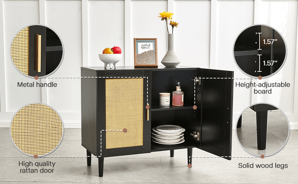 Rattan Side panel buffet cabinet with adjustable shelves, modern console for home