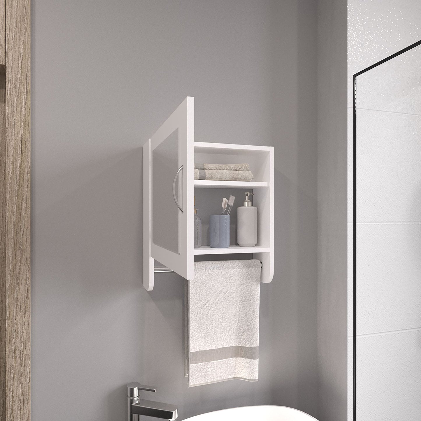 BOTIQ 19.7" H x 17.7" W Mirror Medicine Cabinet with Towel Rack White, One door with Two interior Shelves for Bathroom, Kitchen White