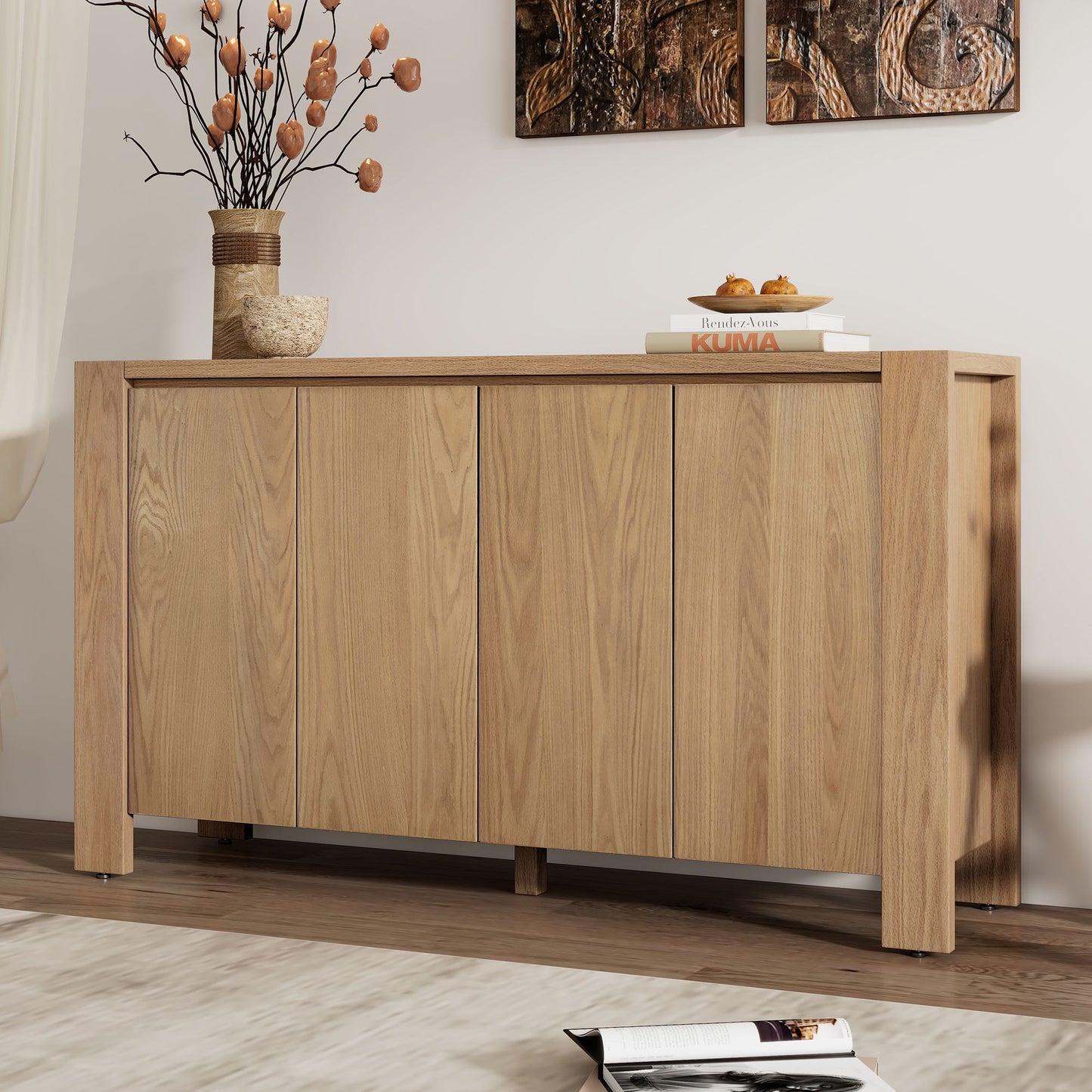 Retro 4-door Sideboard with Distressed Finish and Adjustable Shelves for Dining Room,Kitchen,and Living Room