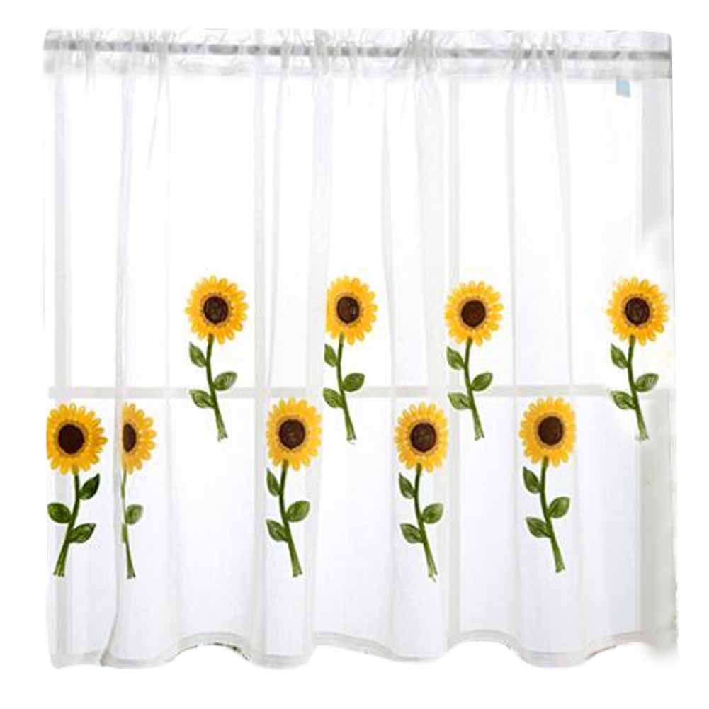 Korean Style Half Cafe Window Curtain Short Cabinet Curtain Lace Embroidery Curtain, Sunflower