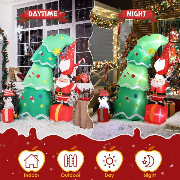 6 FT Lighted Christmas Inflatable Decoration, Inflatable Christmas Tree with Elf and Santa Claus, Funny Blow Up Yard Decorations with Built-in LED Lights for Holiday Party Front Yard Lawn Garden Decor.