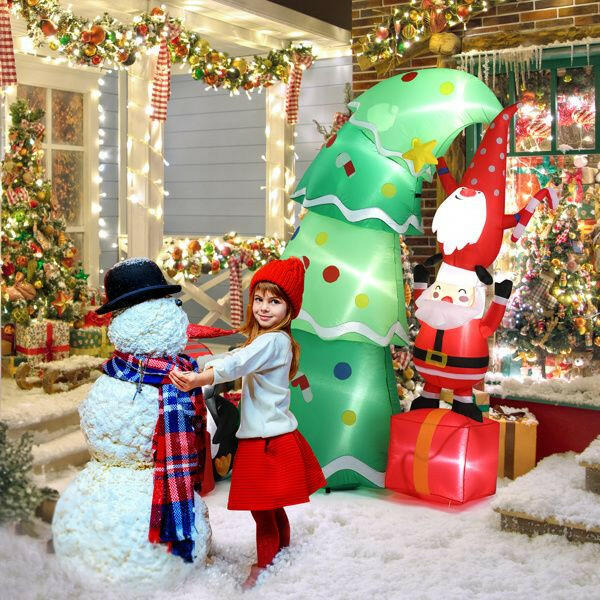 6 FT Lighted Christmas Inflatable Decoration, Inflatable Christmas Tree with Elf and Santa Claus, Funny Blow Up Yard Decorations with Built-in LED Lights for Holiday Party Front Yard Lawn Garden Decor.