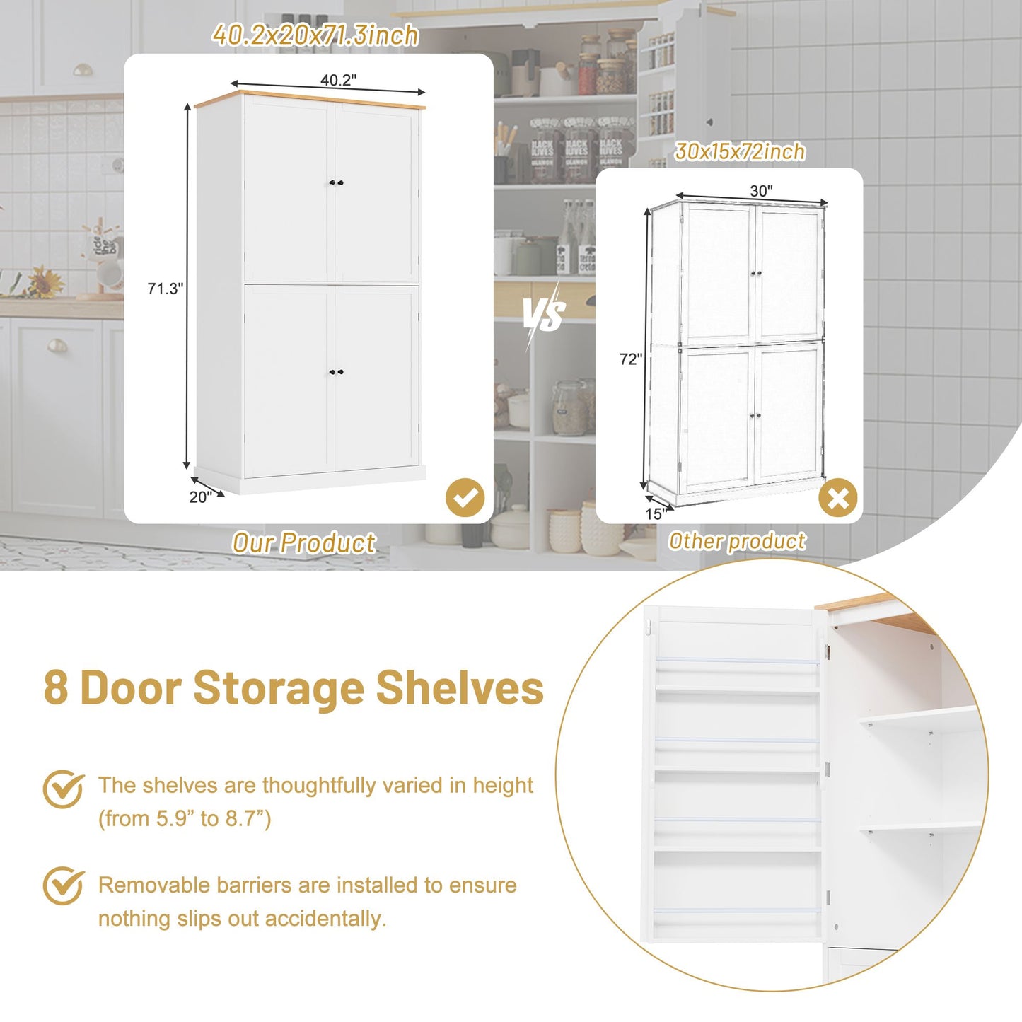 TOPMAX 40.2x20x71.3inch High Freestanding Kitchen Pantry Large Storage Cabinet with 2 Drawers, 8 Door Shelves for Kitchen, Dining Room,White