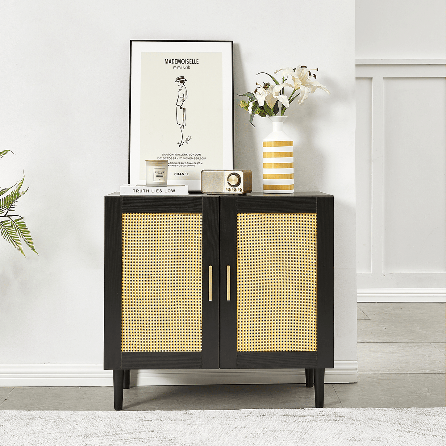 Rattan Side panel buffet cabinet with adjustable shelves, modern console for home