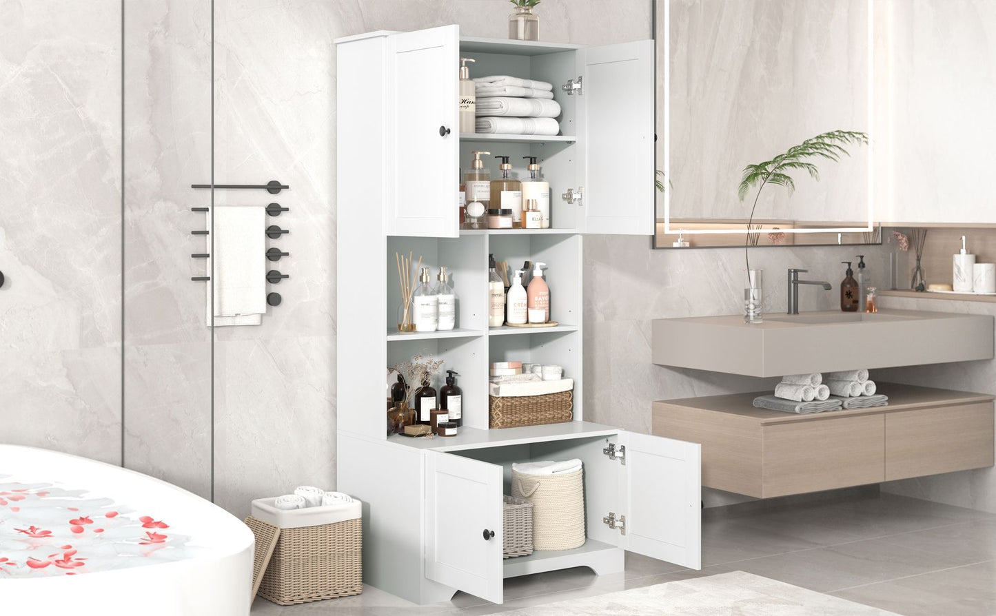 Bathroom Floor Storage Cabinet, Bathroom Storage Unit, Freestanding Cabinet with 4 Doors, Adjustable Shelves, Open multi-layer Shelves, White