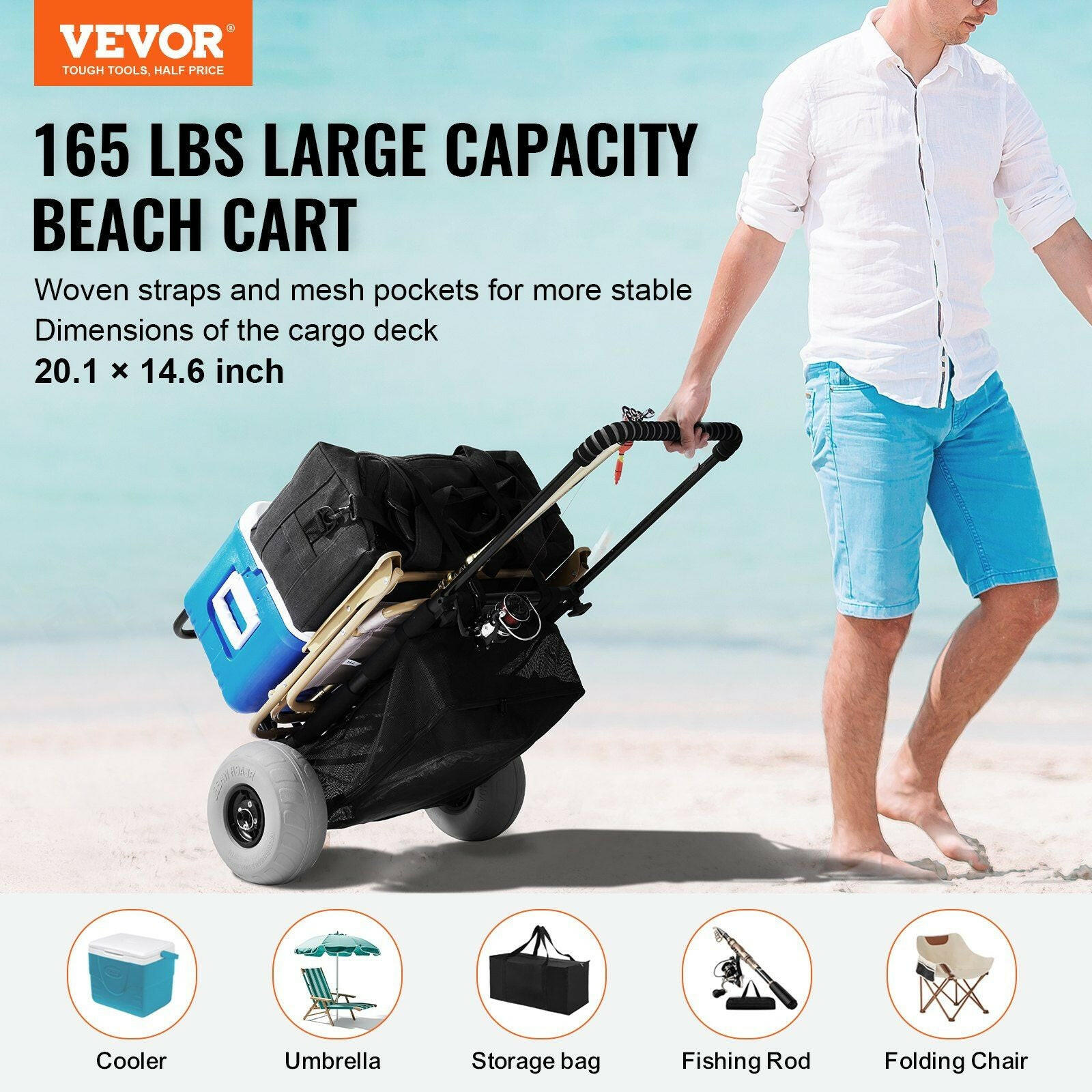 VEVOR Beach Dolly with Big Wheels for Sand, 20.1" x 14.6" Cargo Deck, w/ 9" Balloon Wheels, 165LBS Loading Capacity Folding Sand Cart & 27.2" to 44.9" Adjustable Height, Heavy Duty Cart for Beach.