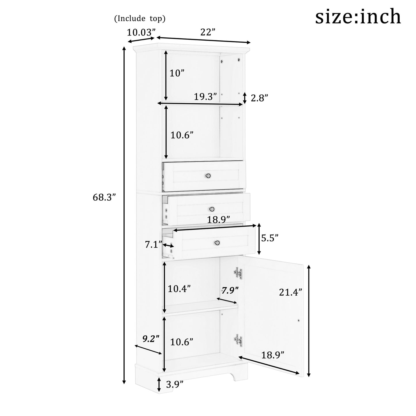 White Tall Storage Cabinet with 3 Drawers and Adjustable Shelves for Bathroom, Kitchen and Living Room, MDF Board with Painted Finish