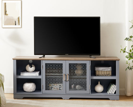 Modern Farmhouse Home Entertainment Console, for TV Up to 80'', with Open Shelves and Glass Door Cabinets, Light Blue and Light Oak, 70"W*15.55"D*26.85"H