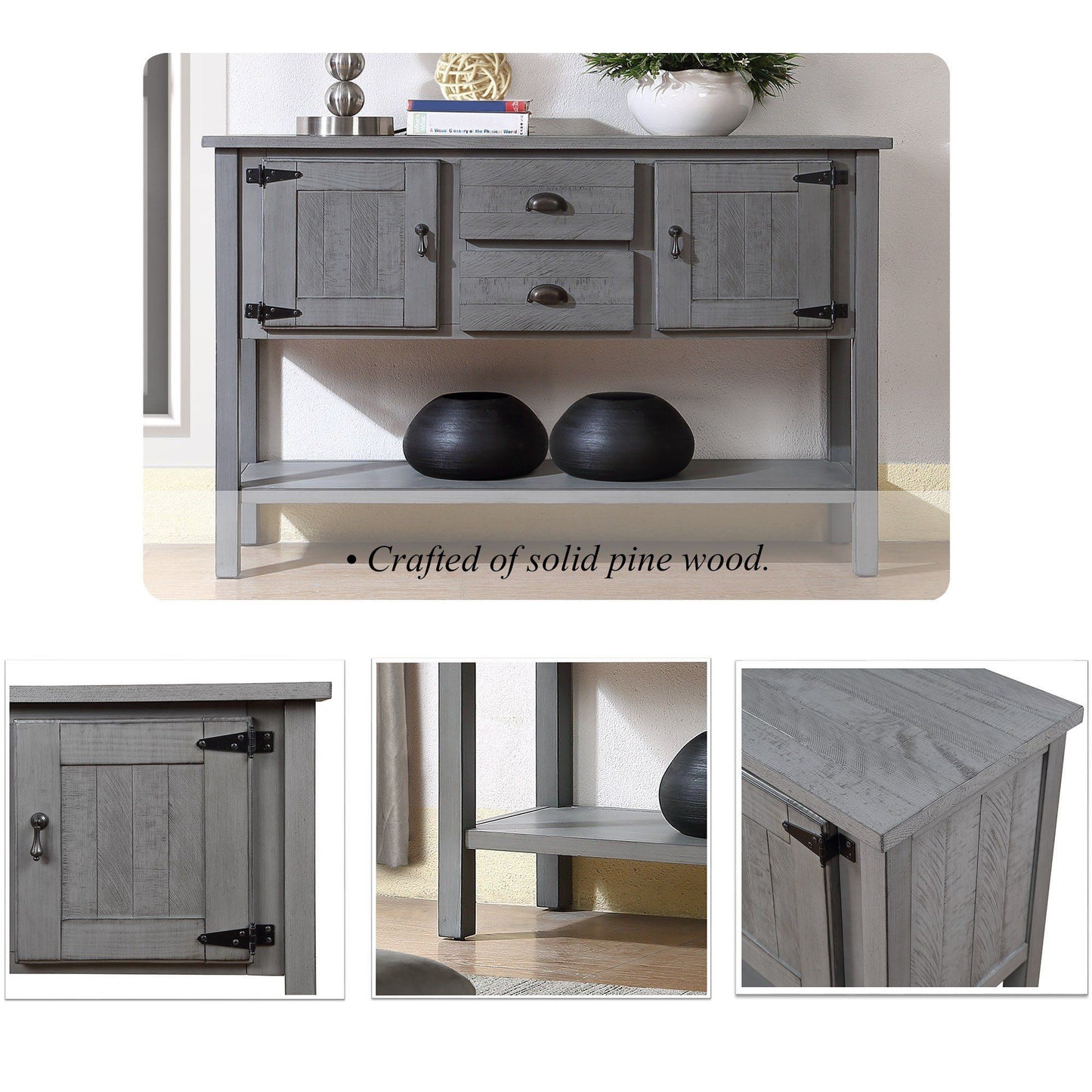 48'' Solid Wood Sideboard Console Table with Retro Style Buffet Server for Dining Room(Antique Gray)