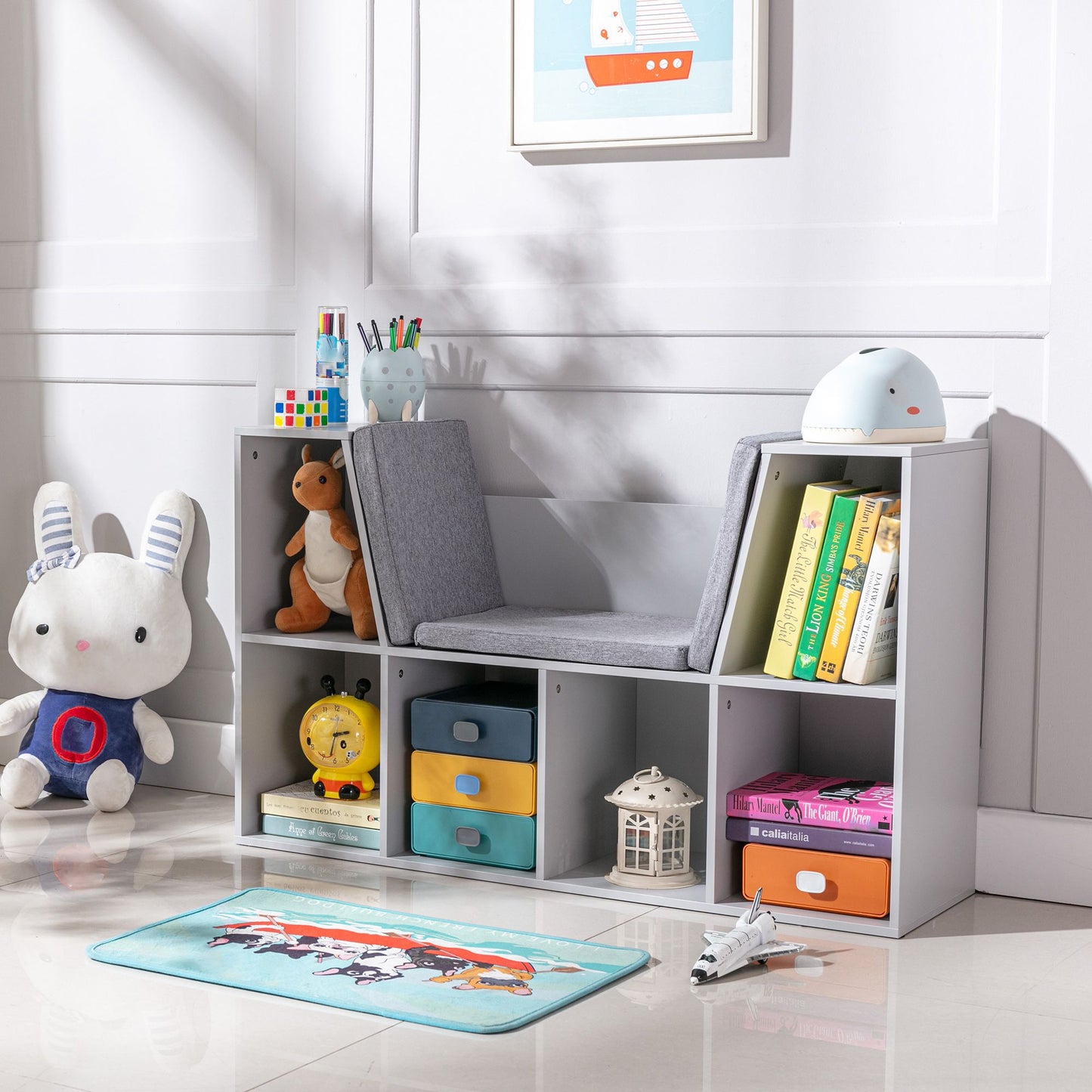 6-Cubby Kids Bookcase with Reading Nook and Cushion, Multi-Purpose Storage Organizer for Bedroom, Living Room, Grey