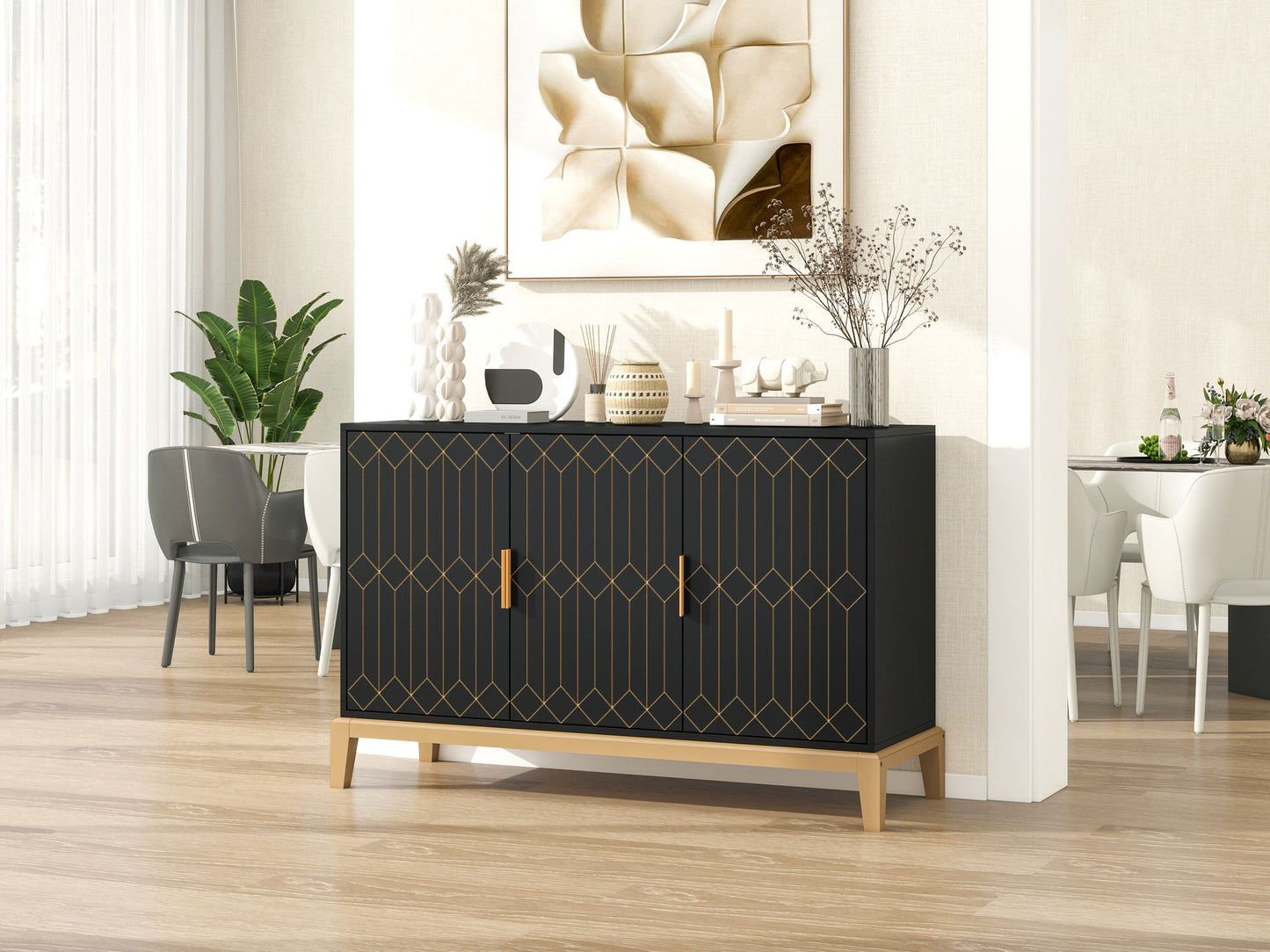 Carved Line 3 Door Storage Cabinet ,Sideboard Buffet Cabinet With Adjustable Shelf,Large Storage Accent Cabinet