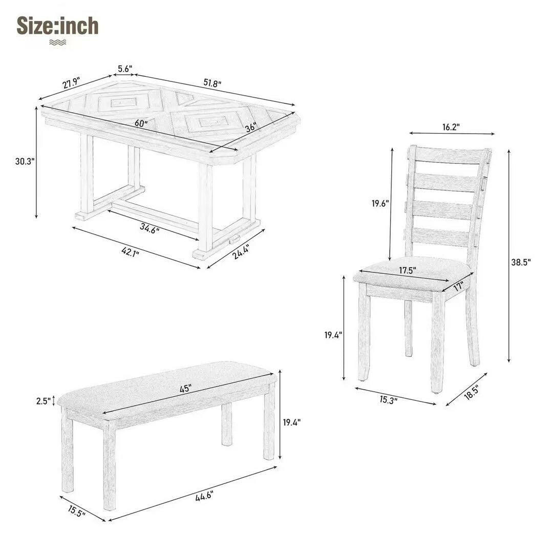 TREXM 6-Piece Rubber Wood Dining Table Set with Beautiful Wood Grain Pattern Tabletop Solid Wood Veneer and Soft Cushion (Natural Wood Wash).
