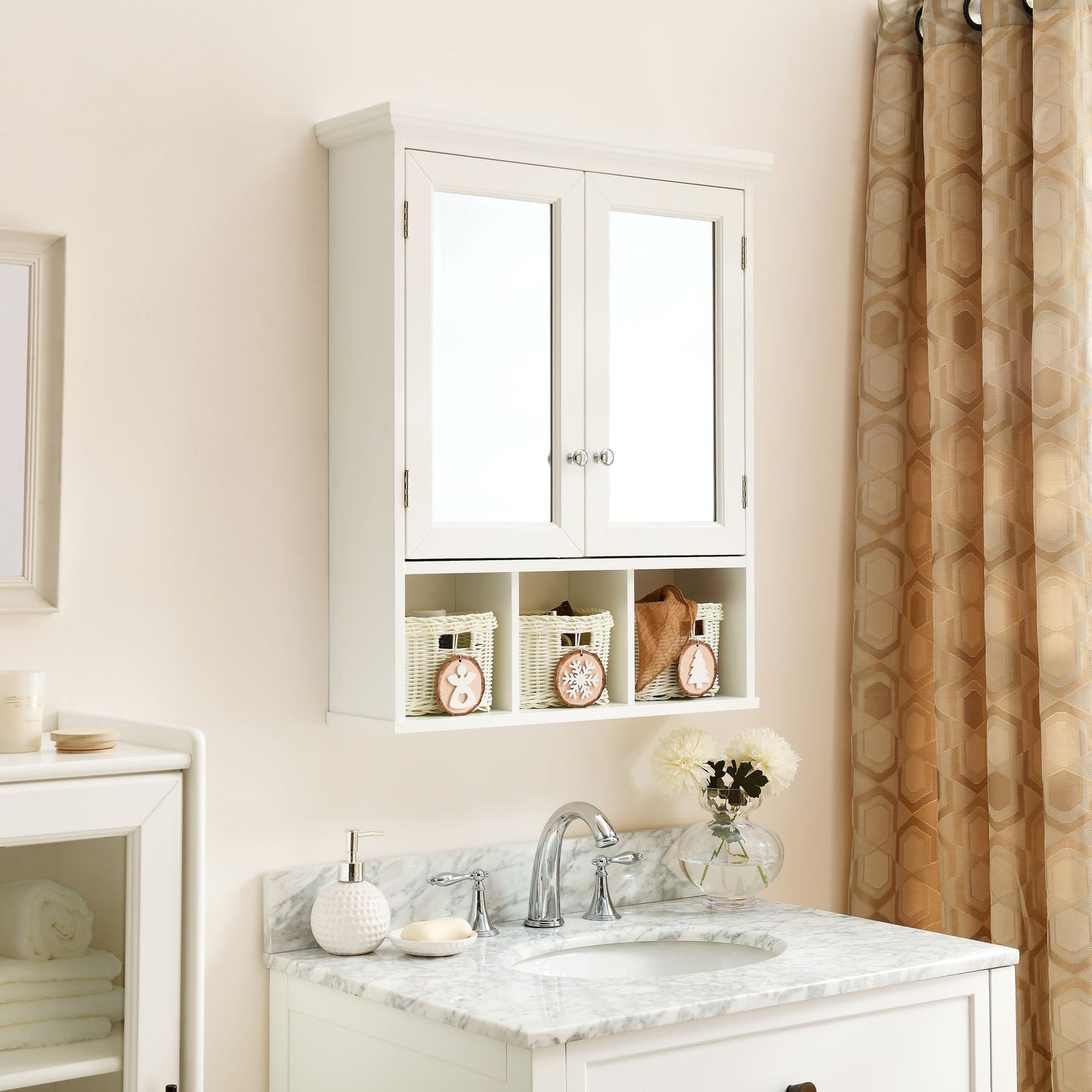 Bathroom Storage Cabinet with Mirror, 2 Doors 2 Adjustable Shelf + 3 Christmas Style Storage Basket, White Wood