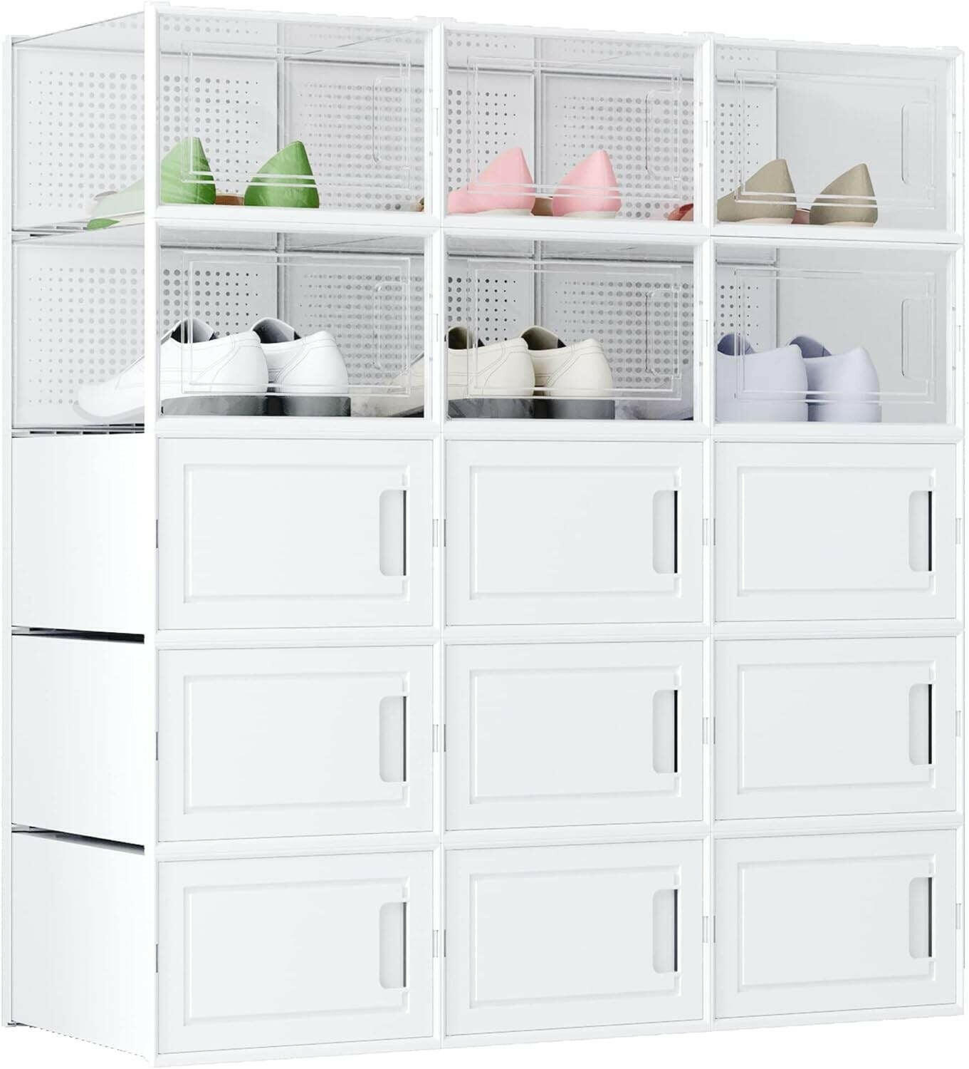 WAYTRIM Clear Plastic Stackable Storage Shoe Box, 15 Pack Foldable Shoe Box Storage Sneaker Containers Storage Bins Shoe Storage Organizer Drawer Fit to Men US Size 9.