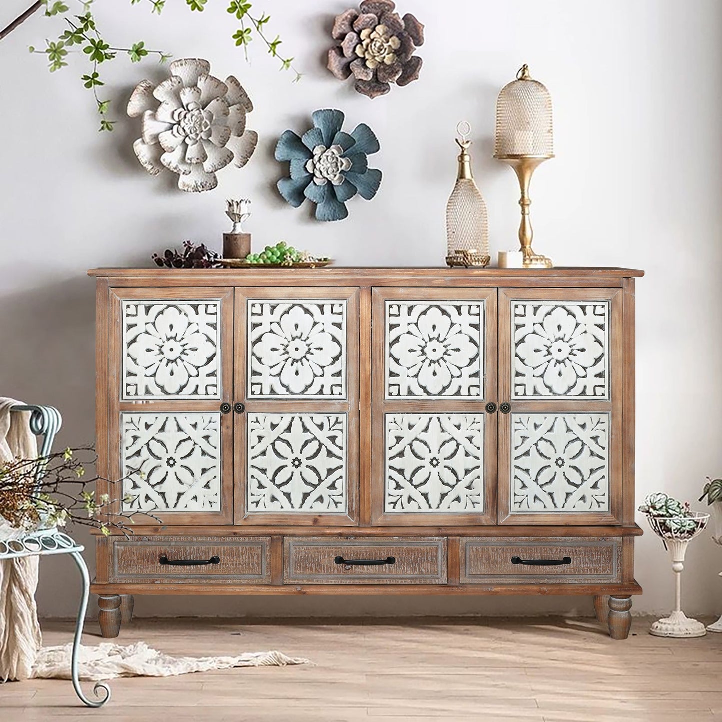 59.06" Chic Natural Wood Accent Cabinet, 4 Door & 3 Drawers Sideboard Buffet with Adjustable Shelves, Stylish Storage, Durable MDF, Natural Wood