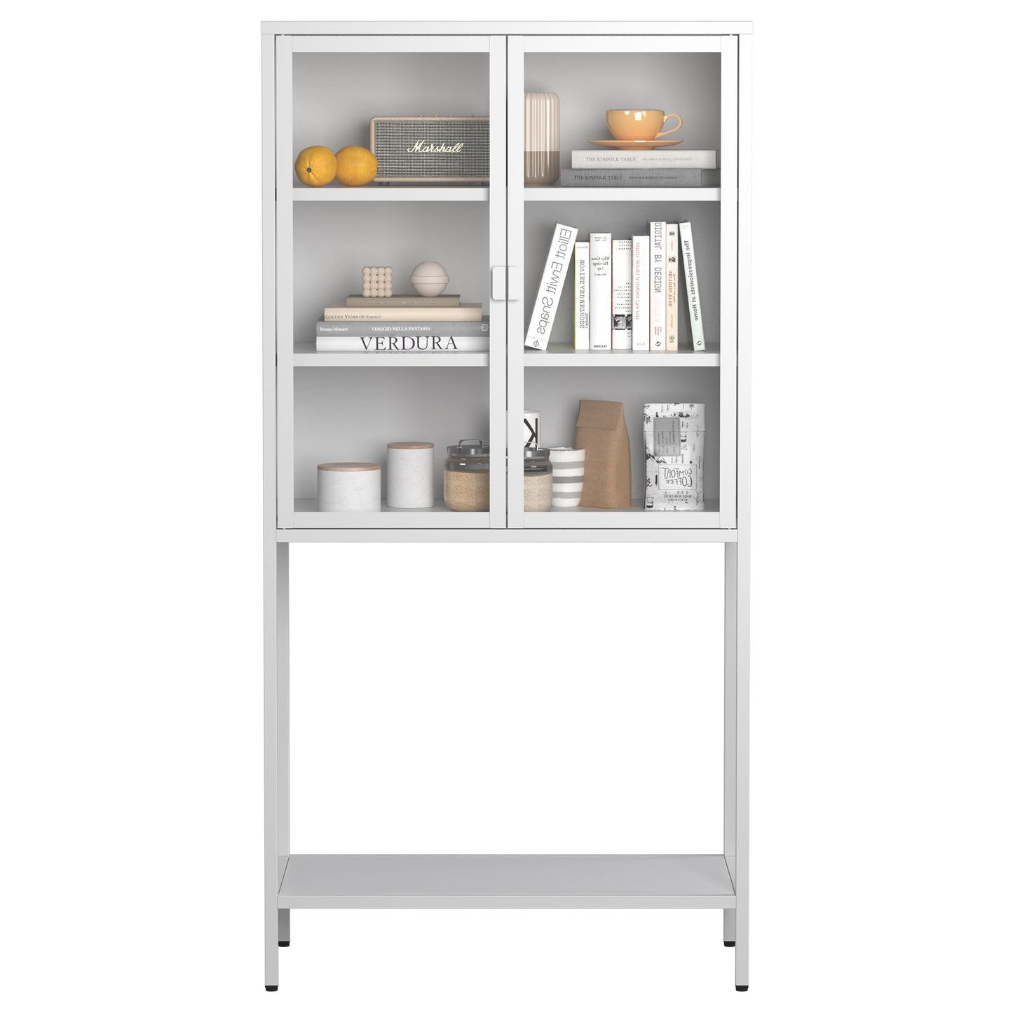 59"H Heavy Duty Metal Storage Cabinet, Display Storage Cabinet with Glass Doors and 2 Adjustable Shelves, Tall Bookcase Modern Bookshelf Cabinet for Home Office, Living Room, Pantry